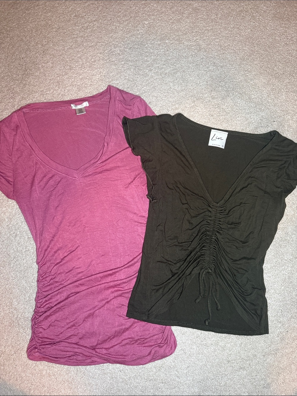 Olivia Rae Army GreenRuched V-Neck Crop Top & Pink Ruched T Shirt